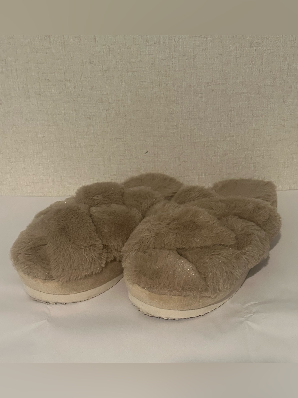 ASOS Taupe Faux-Fur Large Crisscross Slide Slippers